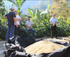 Madcap and farmers at the Miguel Ortiz farm standing in front of dried coffee beans