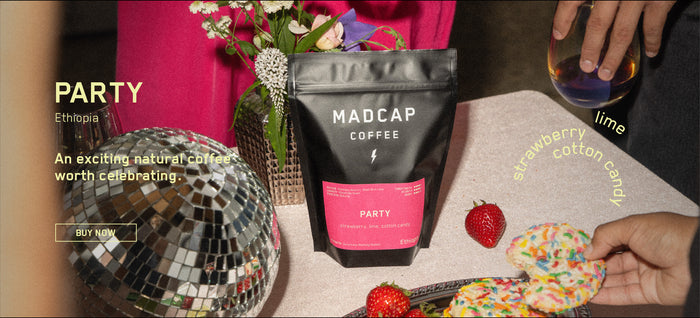 Party 8oz coffee bag beside a disco ball and people partying